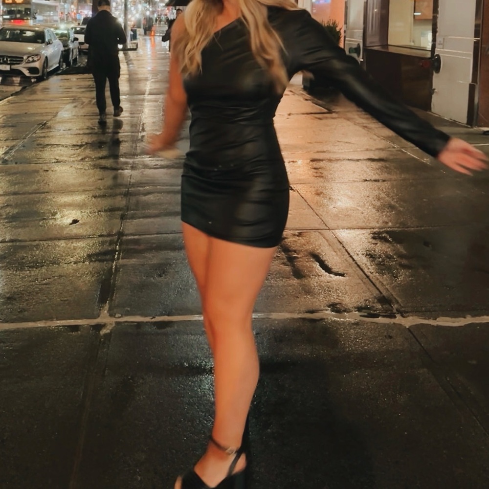 one shoulder long sleeve black leather mini dress
